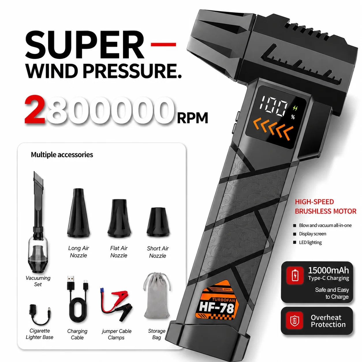 Dryer Car Blower - Soprador Elétrico Super Potente 2800000RPM, Aspirador
